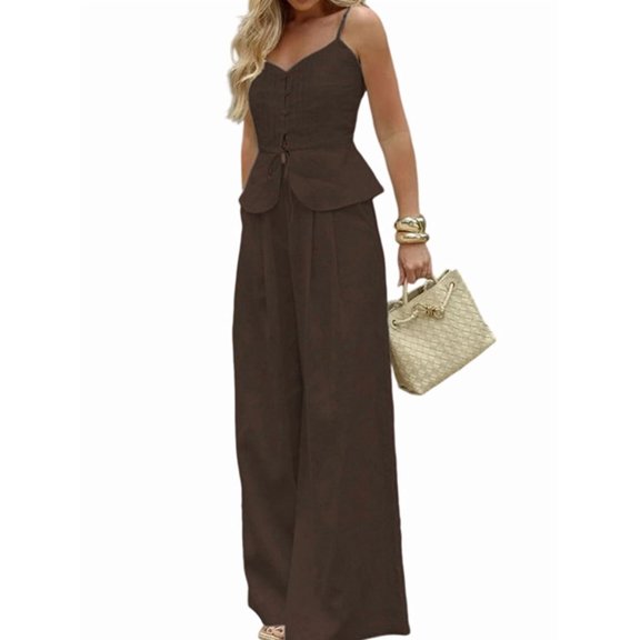 Women'S 2 Piece Summer Outfit Button Down Peplum Top and Wide Leg Pants Set Brown L