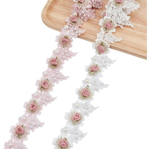 2 Yards 2 styles Polyester 3D Flower Lace Trim with Imitaiton Pearl for Sewing Decoration Mixed Color 2 inch(50mm) 1 yard/color
