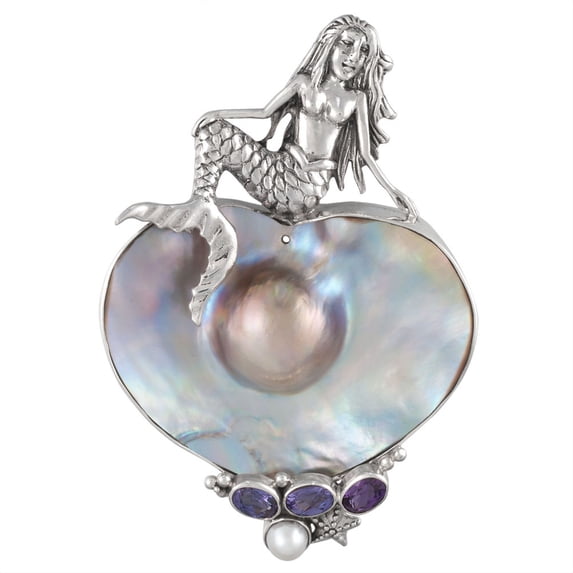 Mermaid On Pearl Sterling Silver Pendant