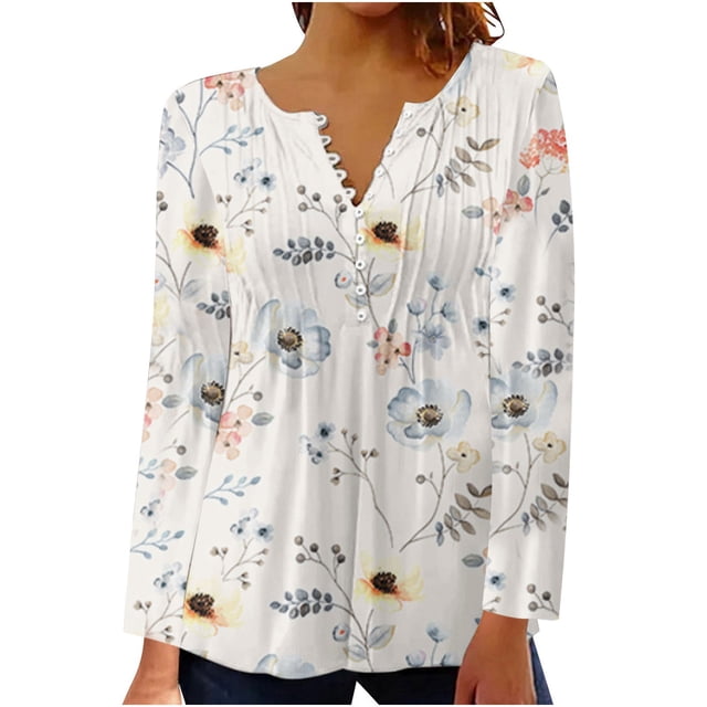 Pompotops Mode Femme Été Aguichant Pli Imprimé Régulier Manches Longues Col en V Bouton Haut en Solde