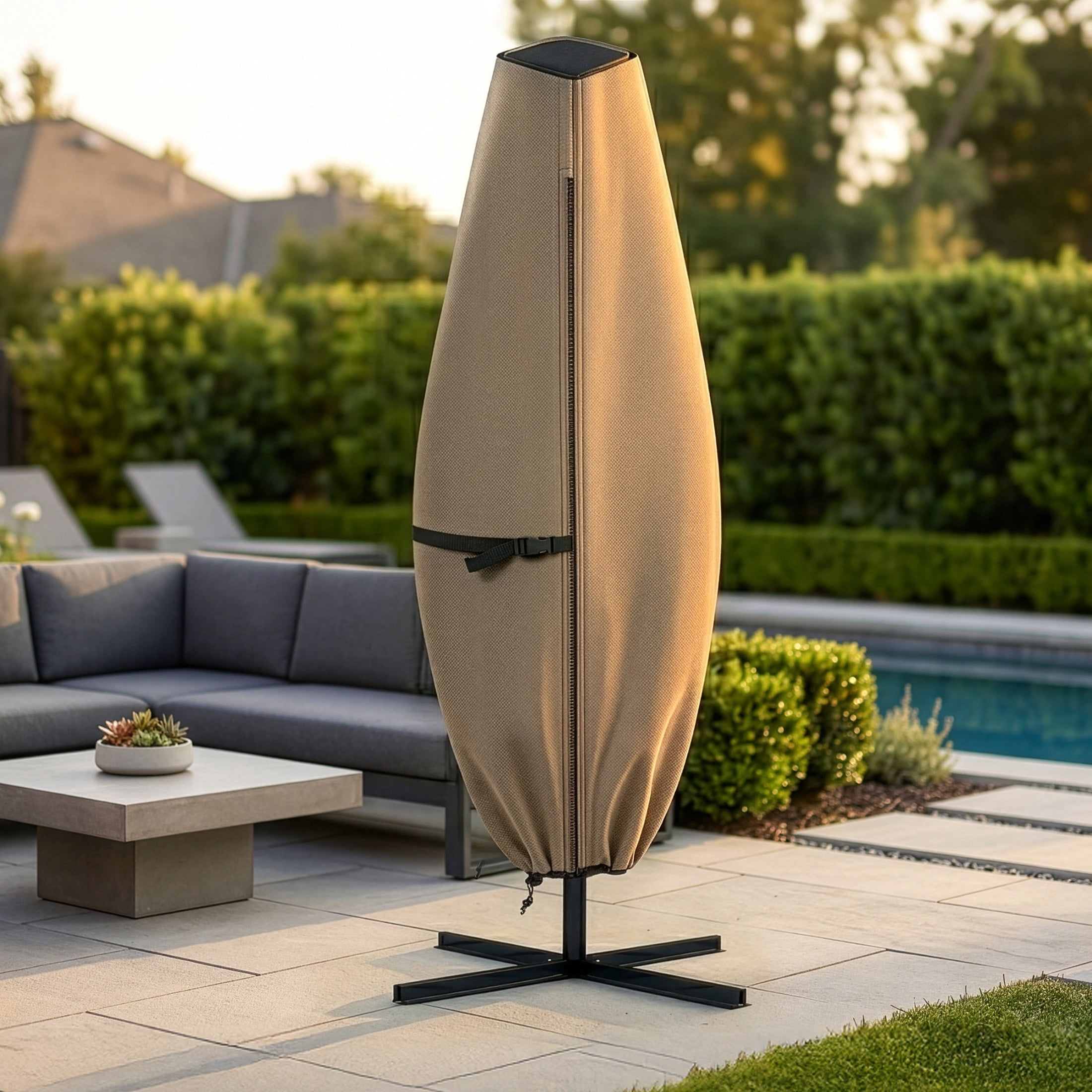 Pure Garden Waterproof Solar Outdoor Umbrella Cover for 11ft Round or 8ft Square, Tan