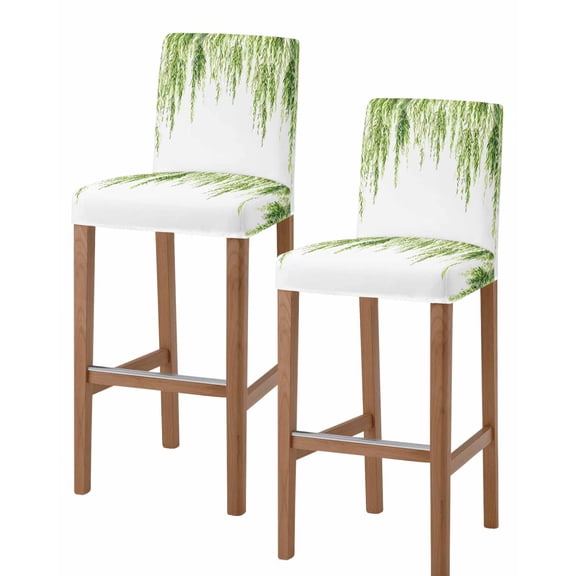 Green Bar Stool Covers Set of 2, Summer Botanical Leaves Watercolor Stretch Washable Bar Chair Covers with Backs, Removable Pub Counter Height Chair Cover for Kitchen Dining Room Cafe