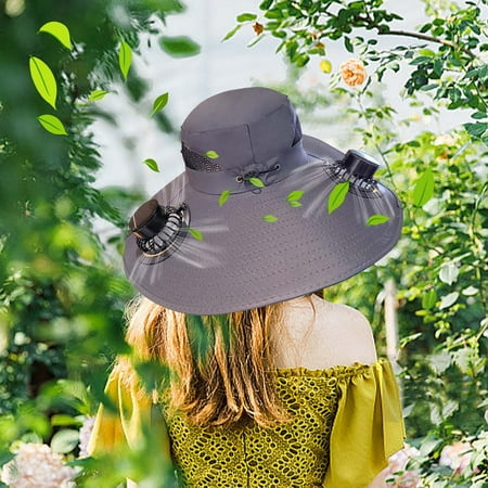 Vadktai Solar Panel Powered Fan Built in Wide Brim Outdoor Fishing Hat Men s Wide Brim Solar Fan Outdoor Fishing Hat in Grey Includes 2 Solar Fans - USB/Solar Dual Power Supply