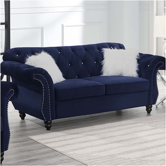 JERFIT Indigo Velvet Loveseat Sofa with Pillows, Classic Tufted Back and Nailhead Trim, Luxurious 2-Seater Couch for Living Room, Apartment