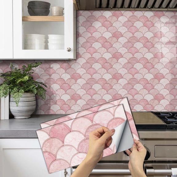 FUDAKUNA 6 Pcs Self Adhesive Tiles Stickers Wall Decals Pink 5.91" x 11.81" Waterproof Peel and Stick Backsplash for Kitchen Bathroom