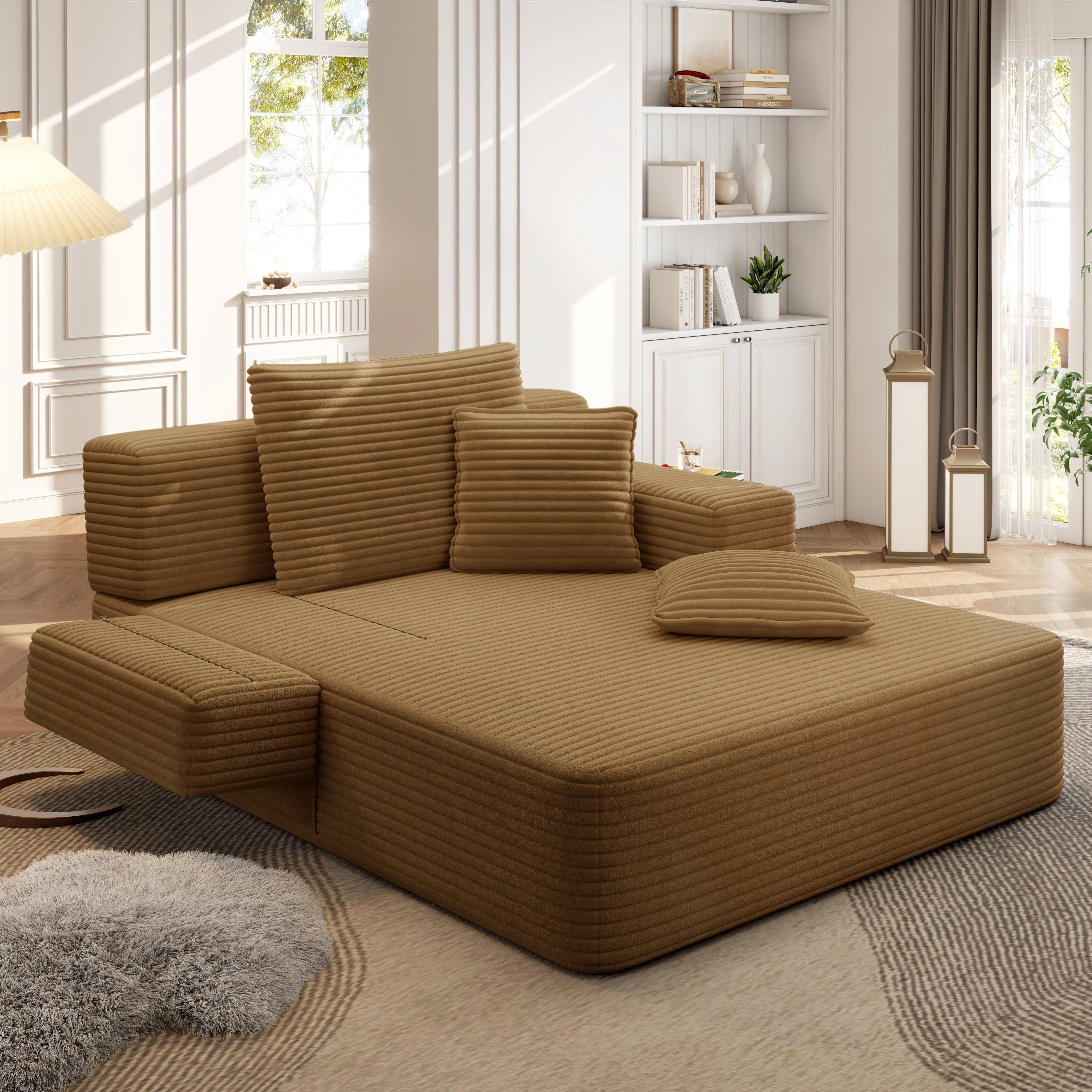 Alvantor Oversized Corduroy Convertible Chaise Lounge Sofa Bed, Camel