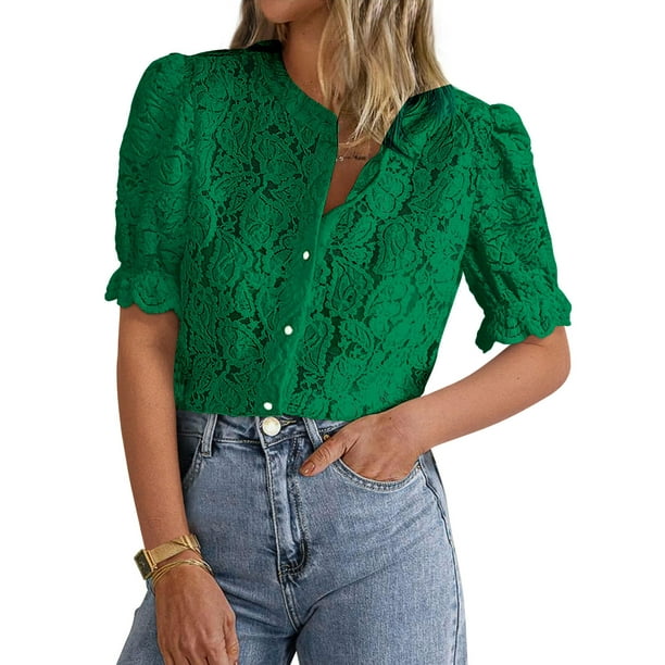 Blusa PRETTYGARDEN de encaje de manga corta para mujer, color verde oscuro