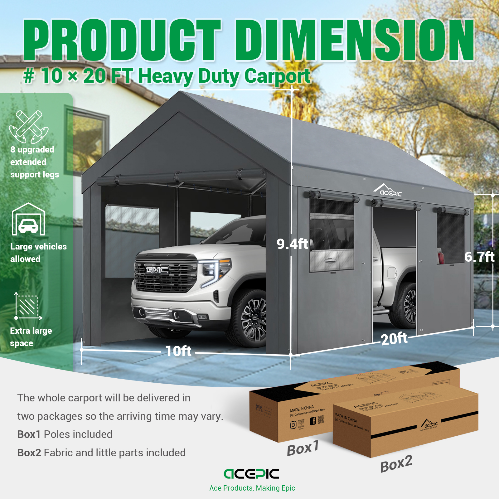 Acepic Carport 10x20ft Heavy Duty Carport Features Roll-up Windows & Doors, Portable Garage with UV Resistant Waterproof All-Season Tarp for Car, Truck, Boat