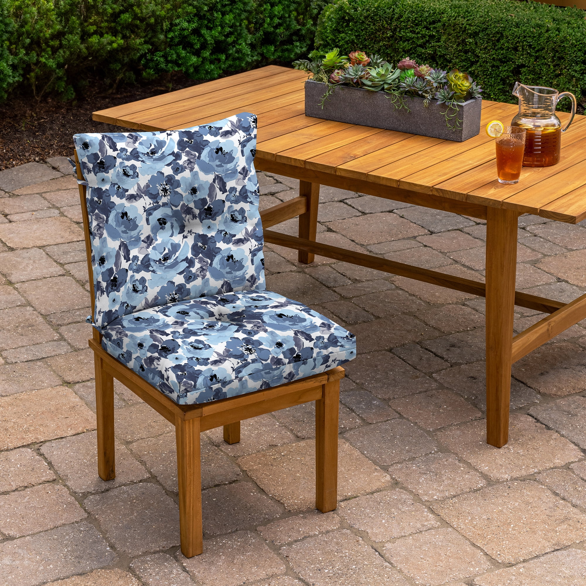 ARDEN Outdoor Plush Modern Tufted Blowfill Dining Chair Cushion, 21 x 40, Water Repellent, Fade Resistant, Tufted Cushion for Dining and Bistro Chairs, Blue Garden Floral