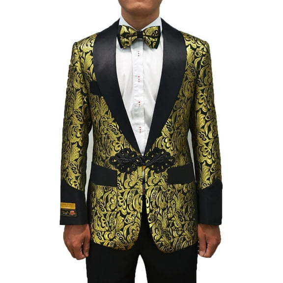Mens Chinese Closure Smoking Jacket in Gold Paisley By Alberto Nardoni Brand Designer