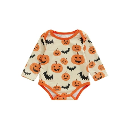 

Woshilaocai Baby Halloween Romper Long Sleeve Crew Neck Pumpkin Bat Print Bodysuit