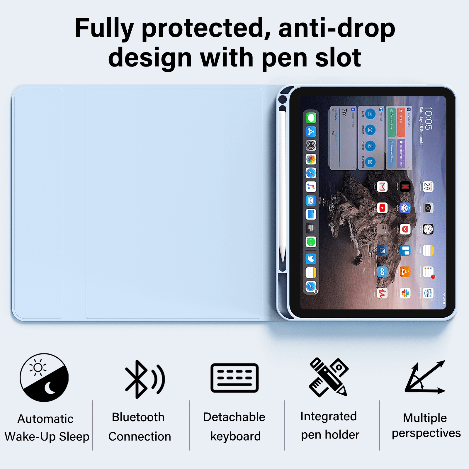 Kenke iPad (A16) 11th Generation 11 inch 2025 Keyboard Case,Case for iPad 10th Generation 10.9 inch 2022 Bluetooth Detachable -with Pencil Holder - Flip Stand Case - Keyboard Case, Light Blue