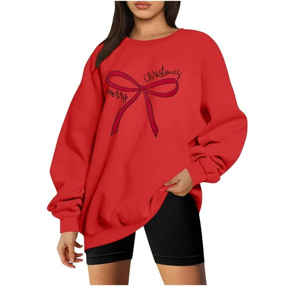SwiftWear Women's Merry Christmas Red Bow Sweatshirt - Festive Crewneck Holiday Top Soft Long Sleeve Casual Wear for Seasonal Celebrations Red