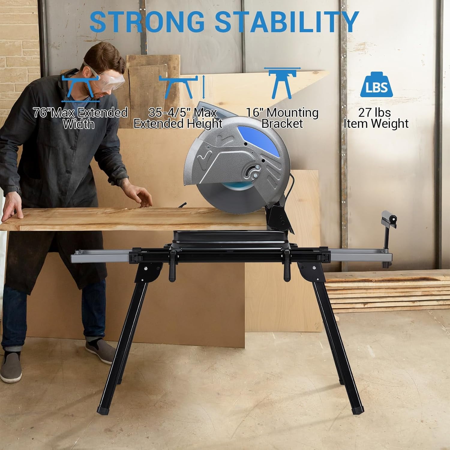Lumiparty Professional Universal Miter Saw Stand, 440lbs Support, 76-4/5'' Max Sliding Rails & Tool-Free Adjustments, Portable & Lightweight for Job Sites, Black