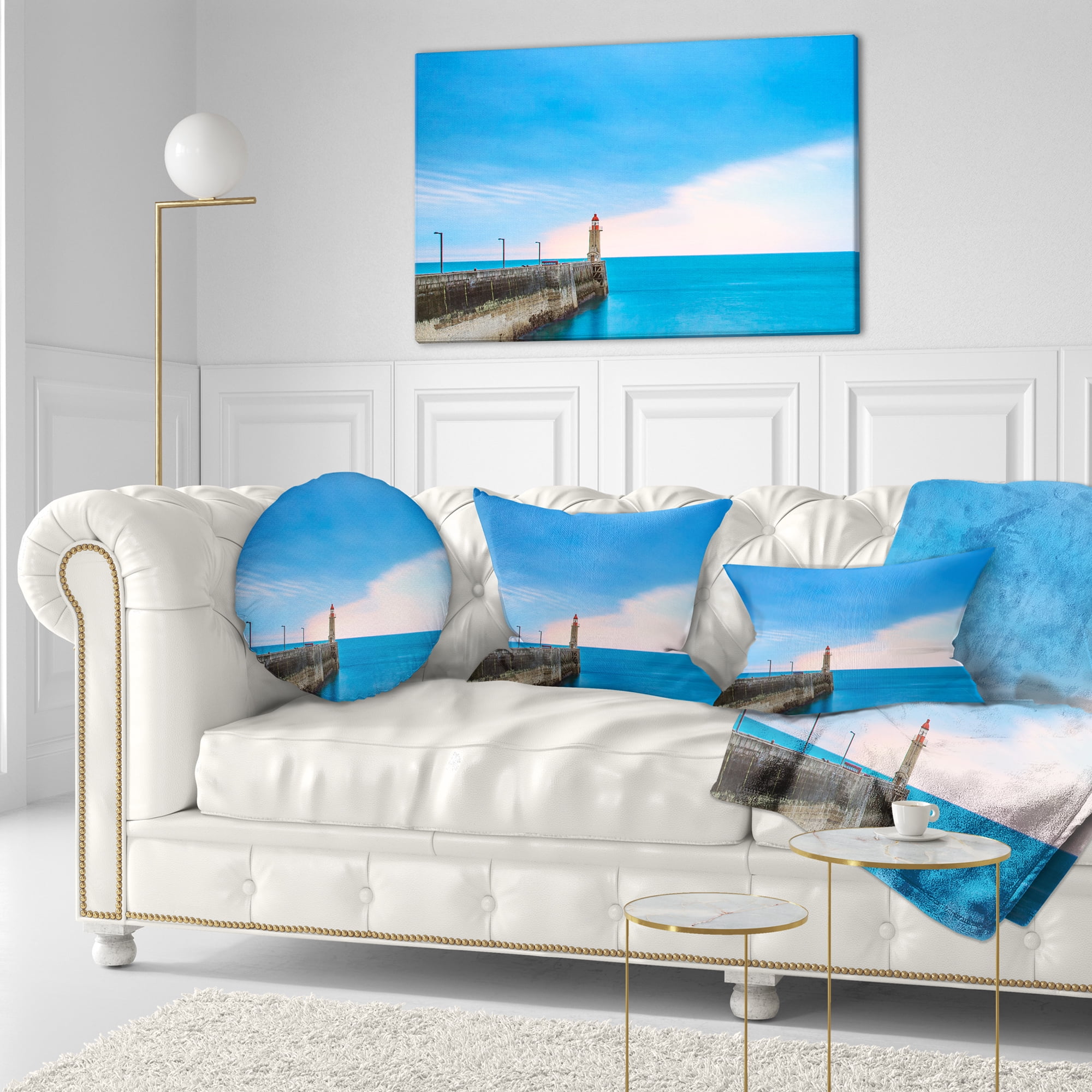 Designart Pier and Lightour in Sunset - Seascape Throw Pillow - 12x20