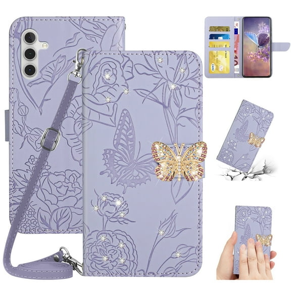 for Samsung Galaxy A14 5G Flower Pattern Wallet Case, with Wrist Hand Strap Crossbody Lanyard, Sparkle Rhinestone Butterfly Cover with Card Slots & Kickstand & Magnetic Clasp Case, Lightpurple