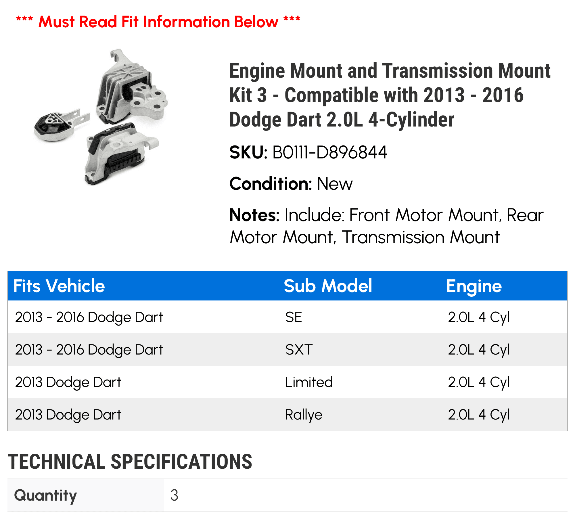 Engine Mount and Transmission Mount Kit 3 - Compatible with 2013 - 2016 Dodge Dart 2.0L 4-Cylinder - Autopart Premium