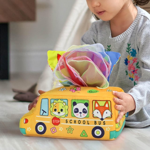 Juguetes de caja de pañuelos para bebés, juguete sensorial educativo temprano relleno de alto contraste para 6 Autobús escolar perfke juego sensorial