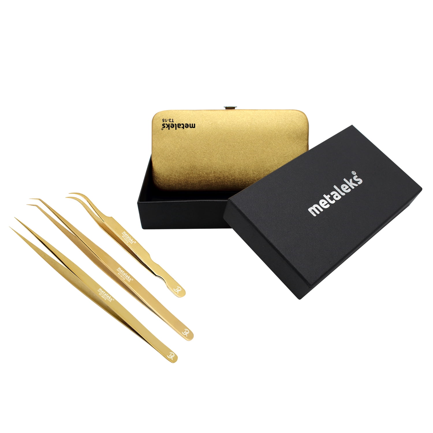 3 Pcs Russian Volume Japanese Stainless Steel Tweezers for Eyelash Extension in Gold Plated with Golden Magnetic Kit