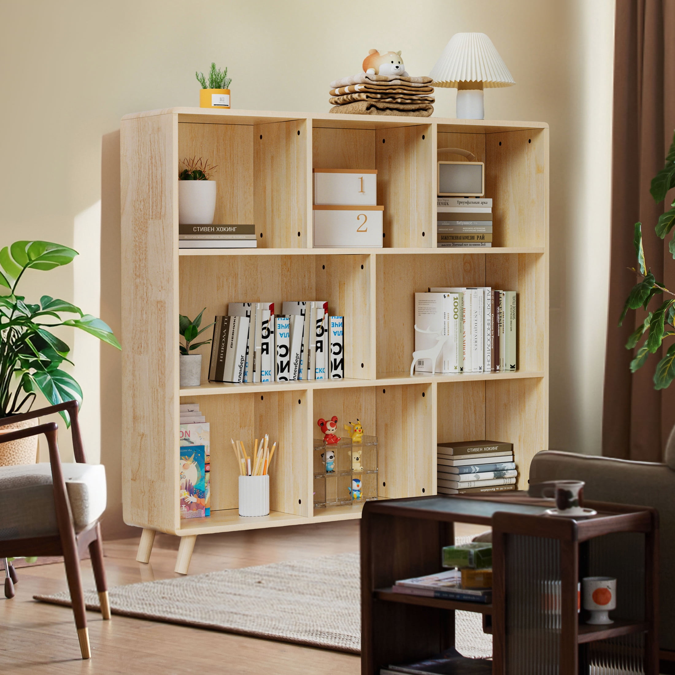 Noble House 44" Storage Cabinet Bookshelf, 8-Compartment Solid Pine Wood Fixed Shelf Bookcase Organizer, Natural