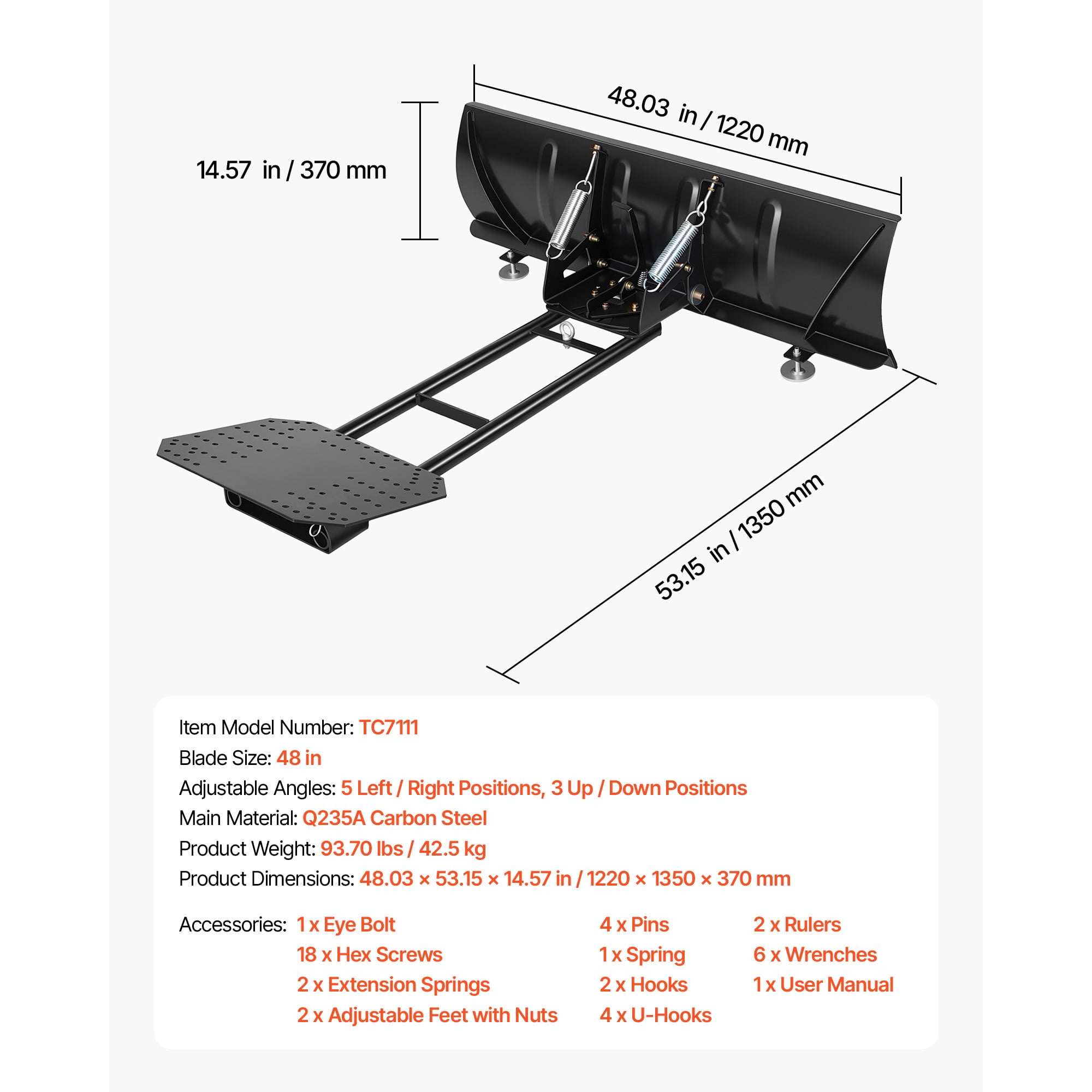 KFFKFF 48-inch Snow Plow Kit with Universal Attachment, Compatible with Most ATVs and UTVs, Adjustable Height and Angle, Quick Detachment, Durable Steel Blade for Effective Snow Removal