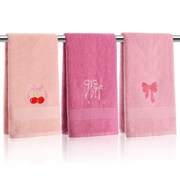 Abaima 3 Pcs Pink Hand Towels for Bathroom, Bow Embroidered Kitchen Towels, Cotton Soft Bathroom Decor for Birthday & Wedding Gifts, 29.5 x 13.7 Inches