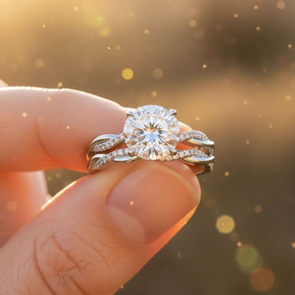 vylahjewellery Classic Round Cut Moissanite Diamond Engagement Ring for Her 10K Vermeil Yellow Gold Anniversary Ring Twisted Pave Band Bridal Ring Set
