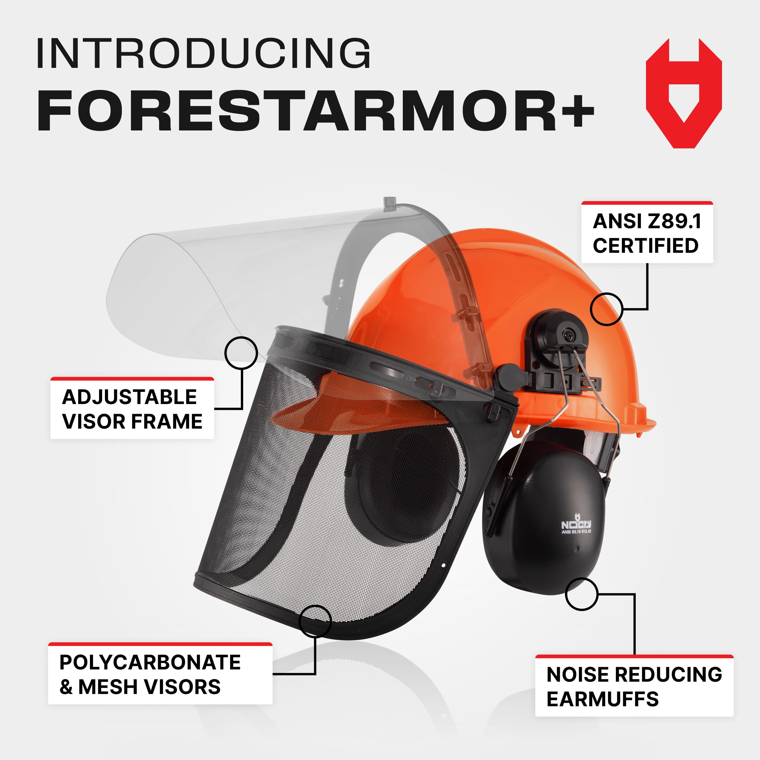 NoCry 6-in-1 Industrial Chainsaw Helmet with Face Shield and Ear Muffs — Mesh & Clear Plastic Visors Included — ANSI Z89.1 Certified — Adjustable Headgear — Ideal for Forestry and Arborist Work