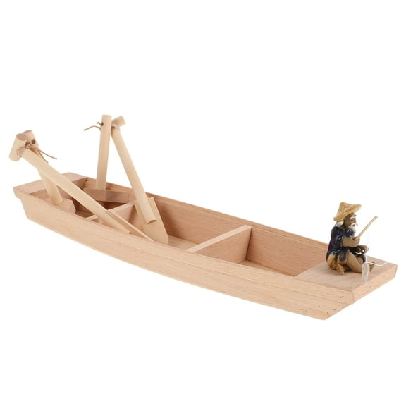Wood Boat Model Ornament Small Fishing Boat Toy Small Wooden Canoe Nautical Decoration Unfinished Wood Boat Craft With Resin Fisherman