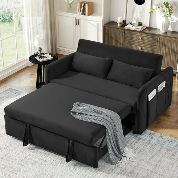 Lunale Convertible Futon Sofa Bed for Living Room, Modern Upholstered Loveseat Sleeper in Black