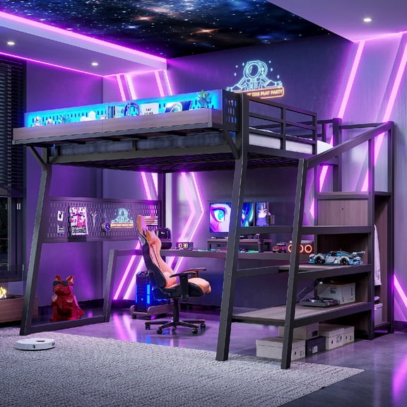 Queen Loft Bed Frame with Storage Stairs and Shelves gaming, LED Lights Modern Metal Loft Bed with Pegboard and Built-in Wardrobe,USB Ports for Bedroom, Apartment, Dorm, Mattress Not Included, Black
