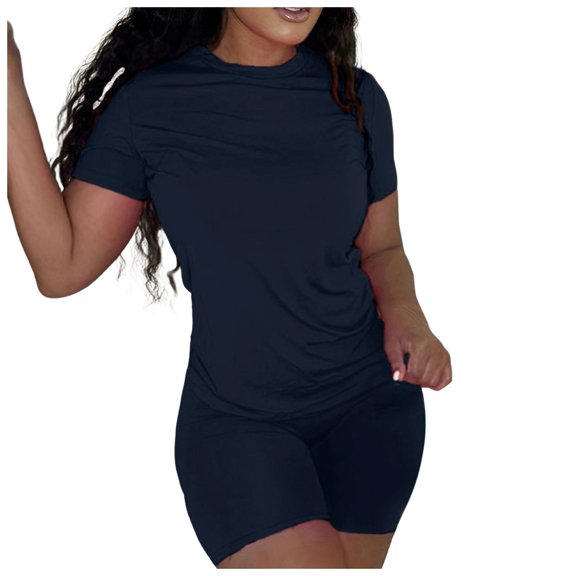 Women's Summer Outfits Vacation 2 Piece Plus Size Crewneck Short Sleeve Oversized Tops High Waist Loose Fit Shorts Suit Yoga Sports Clothes Dark Blue XXXXXL