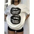 thumbnail image 3 of Oversized Casual Round Neck Short Sleeve Tee With Teeth & Lip Graphic, Loose Fit Cotton Pullover T-Shirt For Women, Summer, 3 of 5