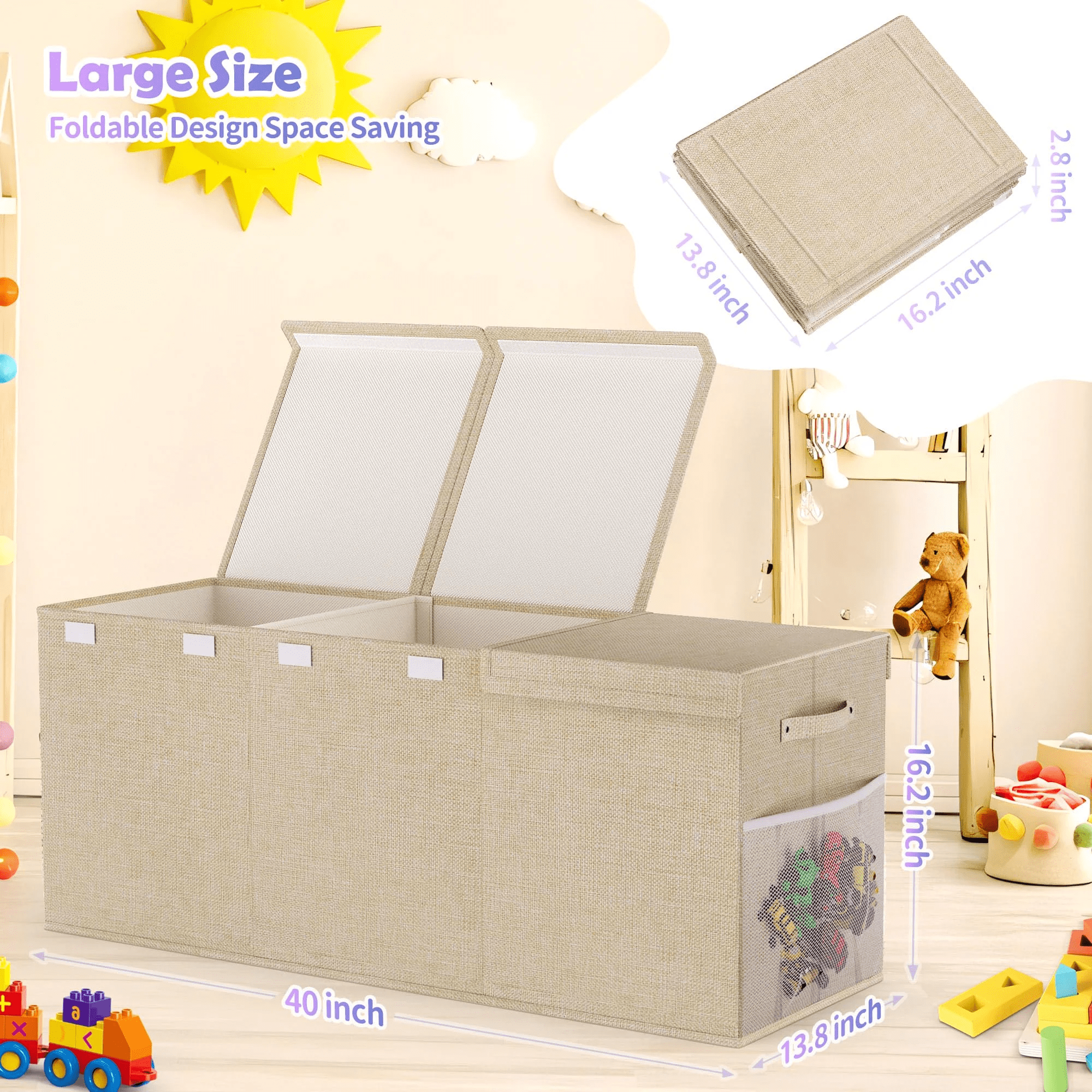 Extra Large Toy Box, Collapsible Sturdy Kids Toy Chest for Boys, Girls, 40"x14"x16" Storage Organizer Toddler Storage Bins with Lids, Toybox Basket for Living Room, Bedroom, Nursery, Beige