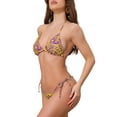 thumbnail image 4 of Conjuntos de bikini de tres piezas con halter y bloques de color para mujer, parte inferior triangular, malla de cobertura, trajes de baño grandes en púrpura y amarillo, 4 of 5