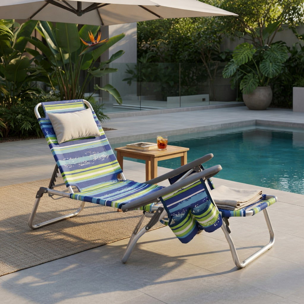 Hommoo 2-Pack Foldable Beach Chair with Pillow, 5-Position Reclining Outdoor Lounge Chair for Beach, Pool & Camping, Blue
