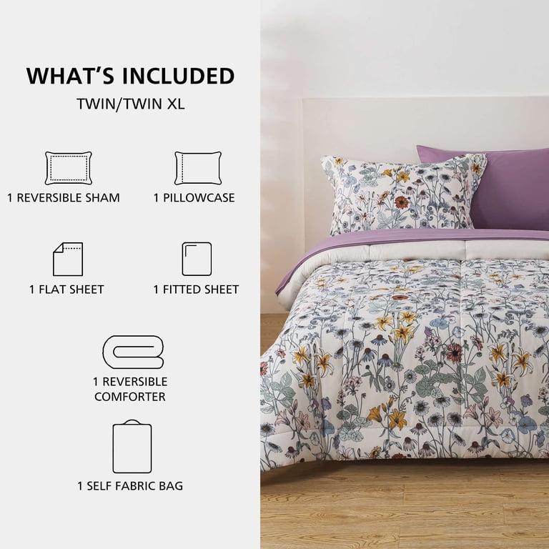 Free Shipping! Mainstays Reversible Purple Floral Bed in a Bag