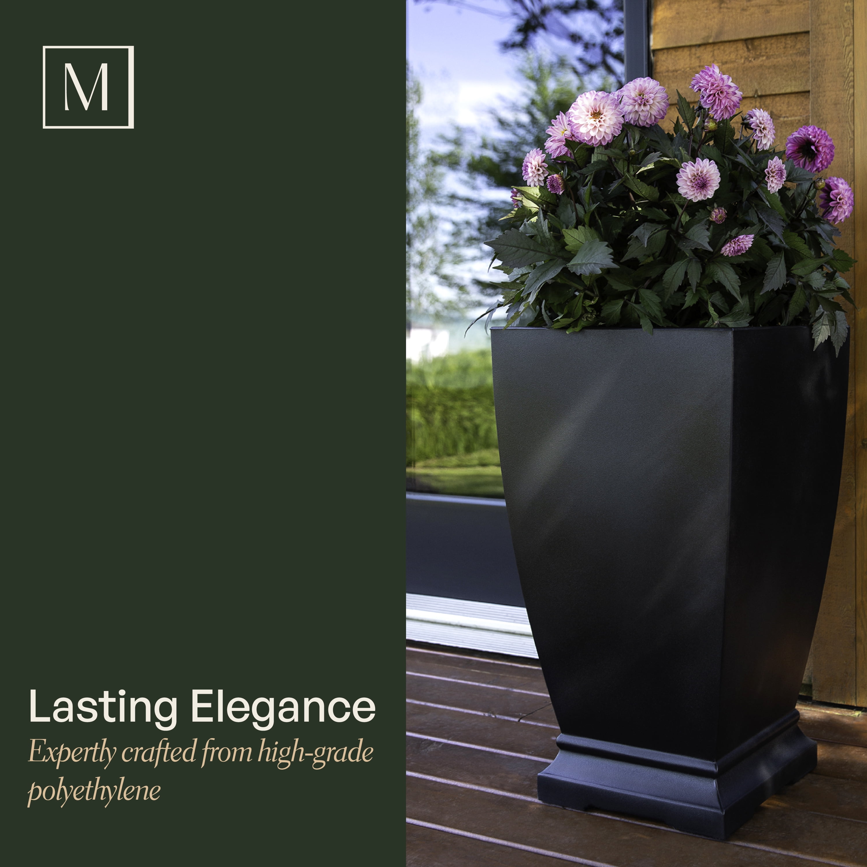 Acadia 16” x 16” x 28” Square Black Self Watering Plastic Planter