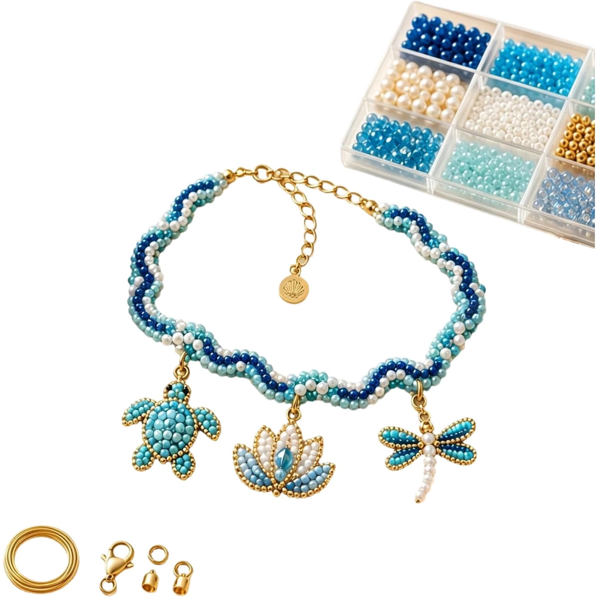 Ocean Theme DIY Anklet Making Kit with Sea Turtle Charms, Shell Beads & Blue Glass Beads, Jewelry Craft Set with Elastic Cord and Accessories for Handmade Beach Style Foot Jewelry