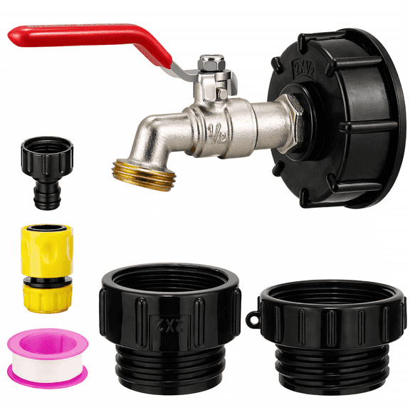 IBC Tote Adapter - 1/2" Lead-Free Brass Water Shut-Off Valve with Red Anti-Slip Handle - Fits 275-330 Gallon IBC Tank Fittings - Includes 3 Adapters and Garden Hose Quick Connector