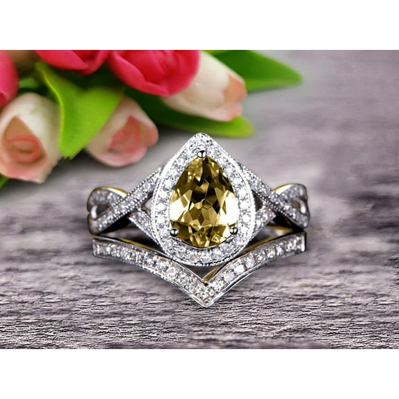 2.50 Carat 8x5mm Pear Shape Teardrop Champagne Diamond Moissanite Bridal Set Wedding Ring On 10k White Gold