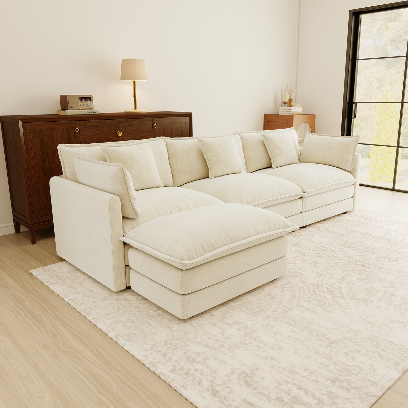 111.5” Beige White Modular Sofa, 3 Seater L Shaped Chenille Sectional for Living Room, Cloud Sectional Couch with Ottoman, Sofá moderno