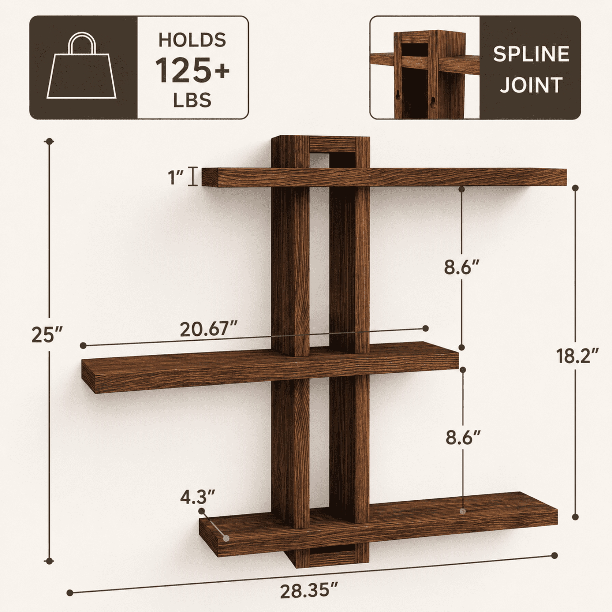 MEHOOM 3-Tier Wooden Floating Wall Shelf, Rustic Wall-Mounted Storage Shelves for Bedroom, Living Room, Farmhouse Wall Decor, 20in