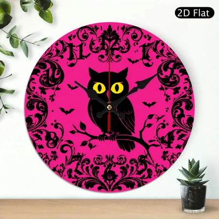 PALNKART 1pc Pink Damask Black Owl Silhouette Theme Wall Clock Battery Operated, 10 inch Silent Non Ticking Round Wall Clock lobby, corridor, dining room, bedroom, office, classroom