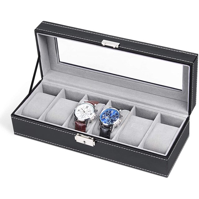 Caja de reloj de cuero con 6 ranuras, organizador de vitrinas, almacenamiento de joyas de cristal, negro Fokelyi WRMH-32