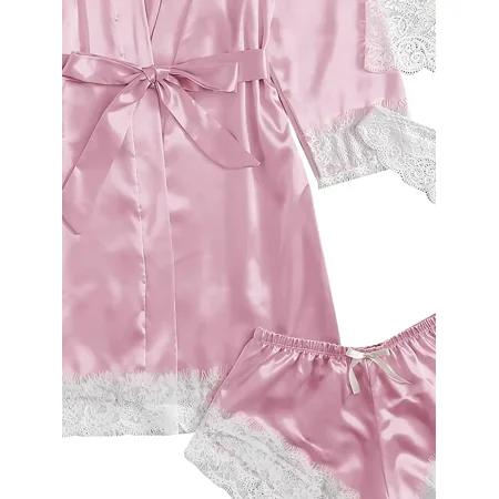 

Valentine‘s Day Women‘s 4 Pieces Comfortable Satin Floral Lace Cami Top Lingerie Pajama Set With Robe