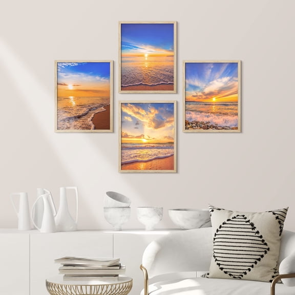 PixonSign Framed Wall Art White Ocean Sea Wave Posters, Set of 4 Sunset Horizon Nature Wilderness Realism Landscape Modern Art, Scenic Seascape Canvas Prints for Home Decor - 11"x14" Natural