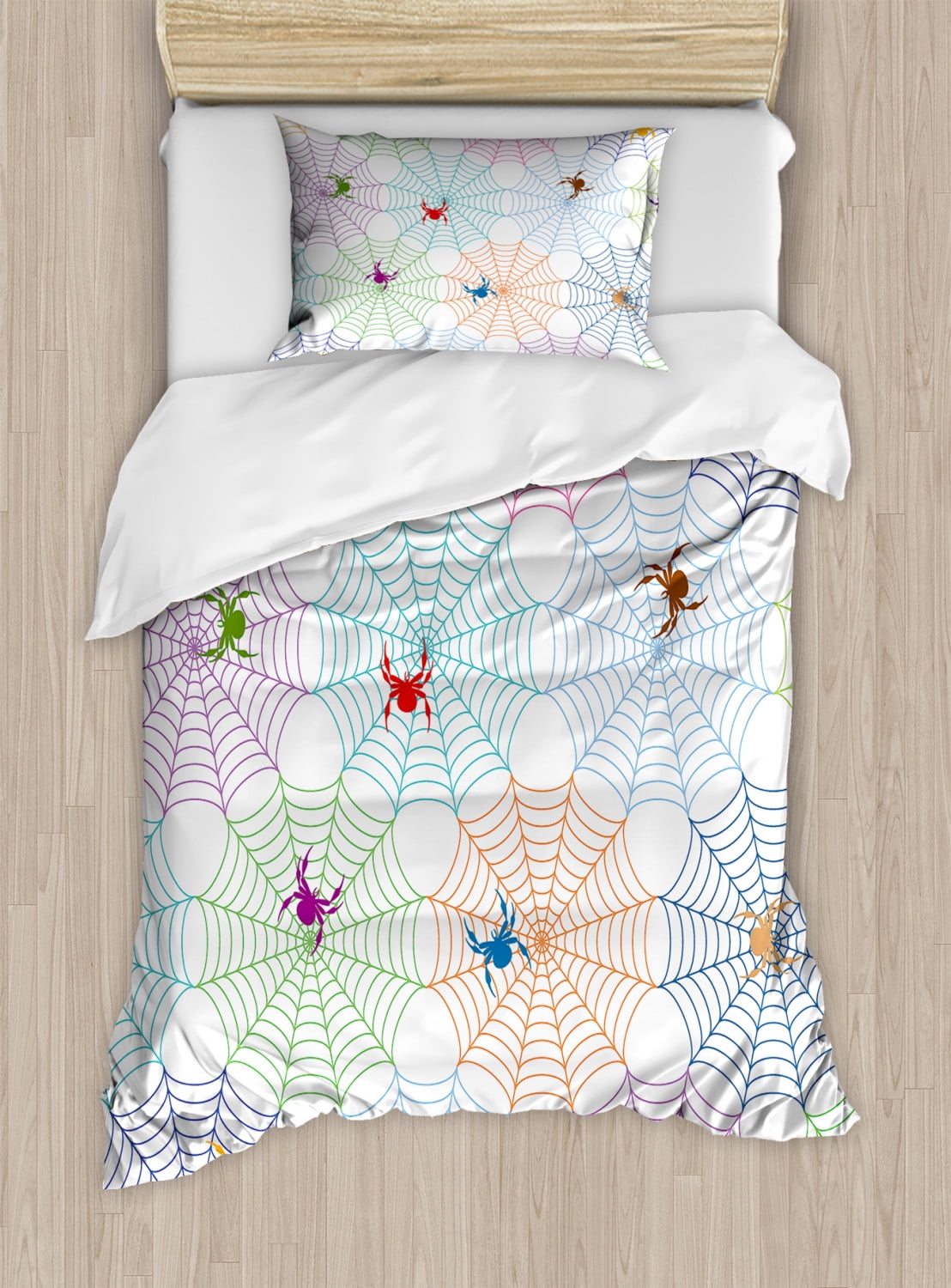 Spider Duvet Cover Set Twin Size, Colorful Networks and Characters