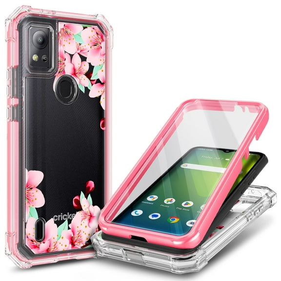 Nagebee Compatible with Cricket Icon 5 / AT&T Motivate 4 Case with [Built-in Screen Protector], Full-Body Protective Shockproof Rugged Bumper Cover, Impact Resist Durable Phone Case (Pink Flower)
