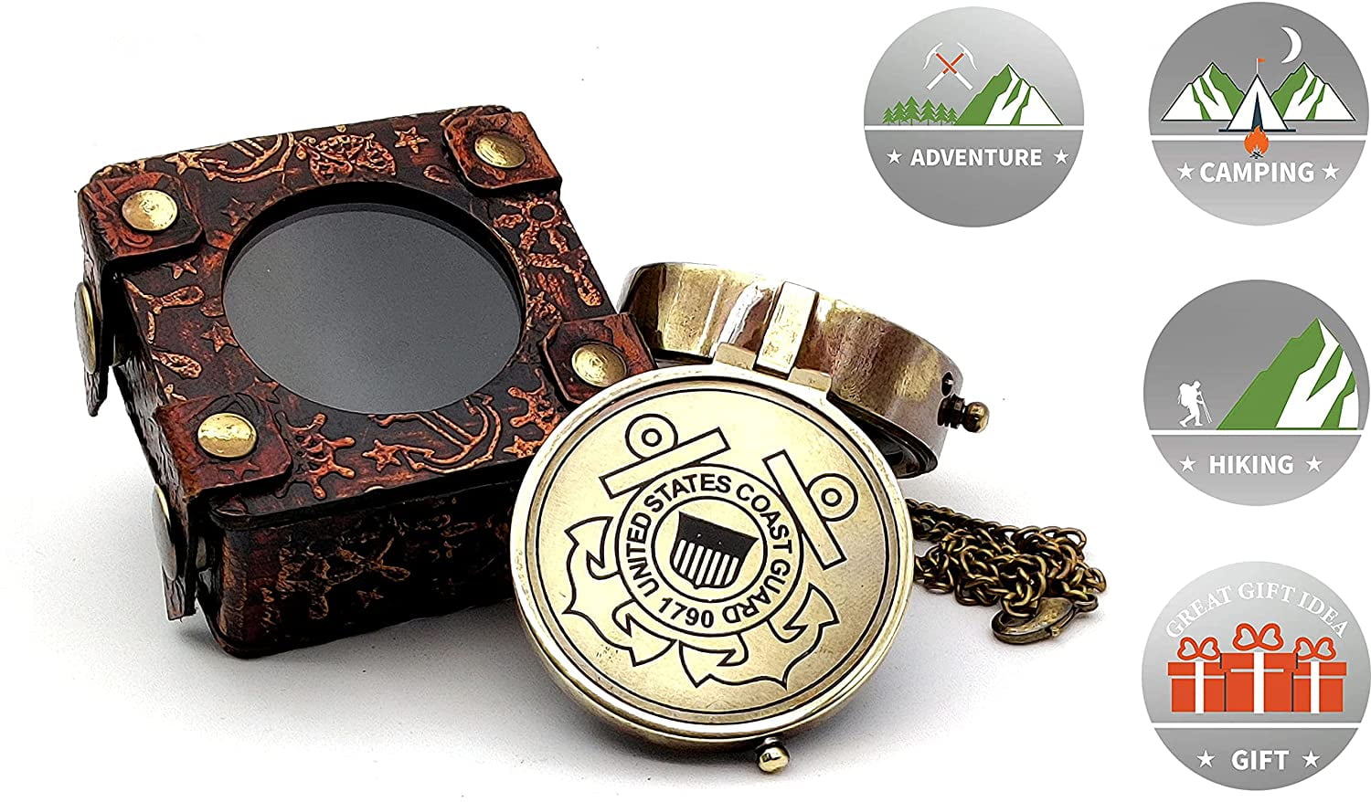 5MOONSUN5's US Coast Guard Engraved Brass Military Compass Nautical Marine Gift A Perfect and Unique Gift for Army Person Survival Navigation Compass for Hiking Camping with Leather Display Case